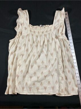 Madewell Cream and Tan Patterned Smocked Square-Neck Camisole